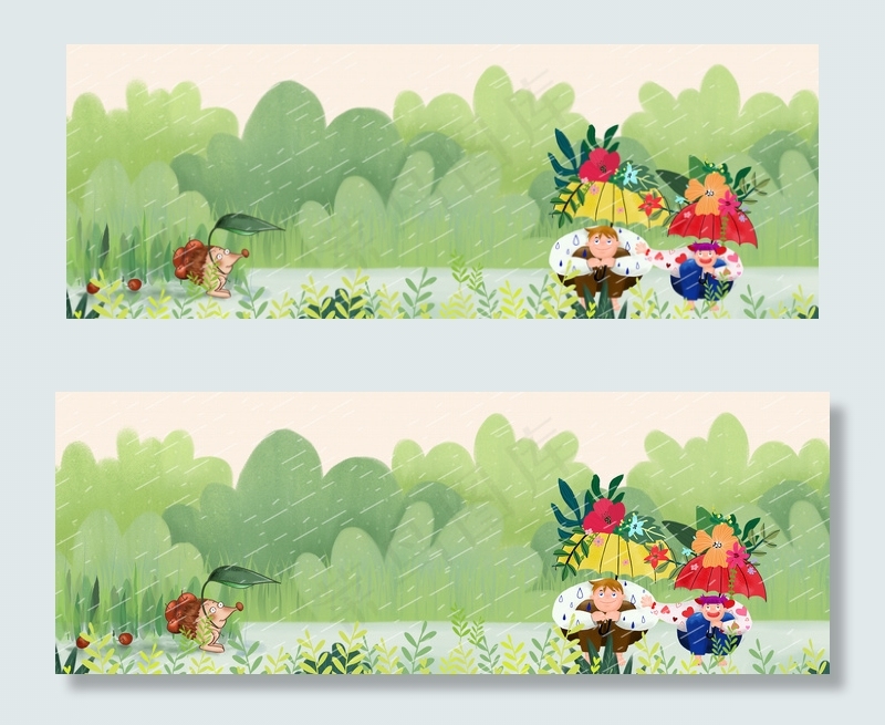 春天躲雨的人和小刺猬(1920*700px 	       )psd模版下载