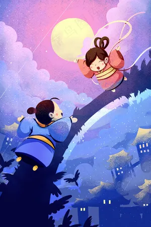 蓝色系卡通手绘风七夕配图