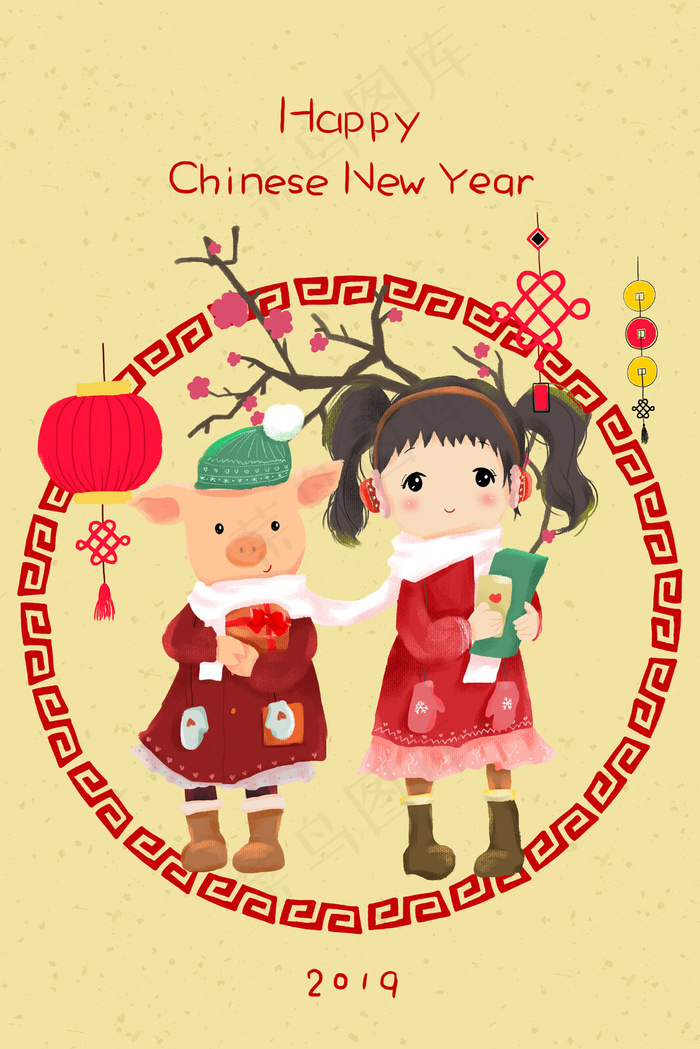 猪年新春佳节小猪与女孩