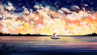 情侣海边夕阳天空深色鲜艳