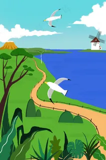 暖色系扁平风格夏日海边海鸥系列配图