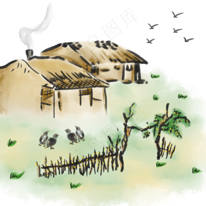 中国风山水水墨画水彩茅草屋栅栏