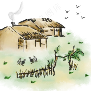 中国风山水水墨画水彩茅草屋栅栏