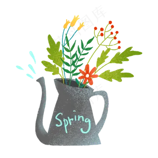 文艺水壶和树叶插图PNG免抠素材