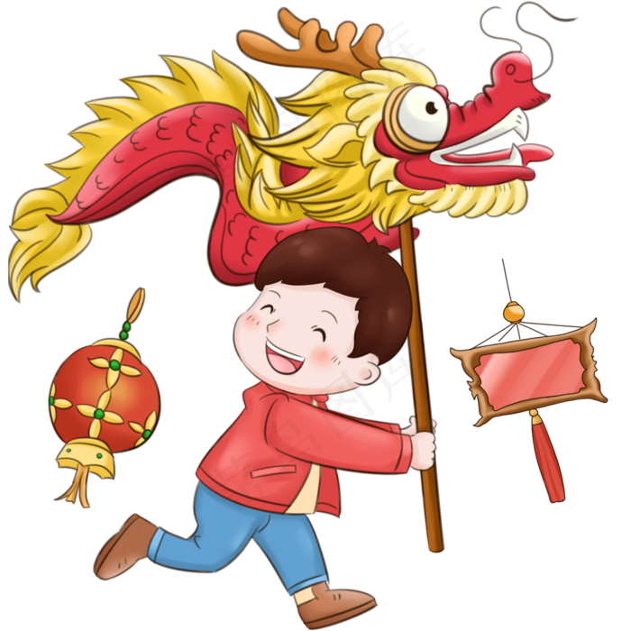元宵节舞长龙的小男孩,免抠元素