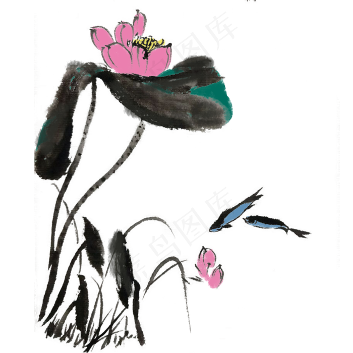 水墨荷花古风手绘素材(4000X4000(DPI:300))psd模版下载