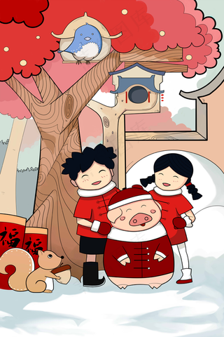 2019年春节卡通男孩卡通女孩女孩卡通猪猪