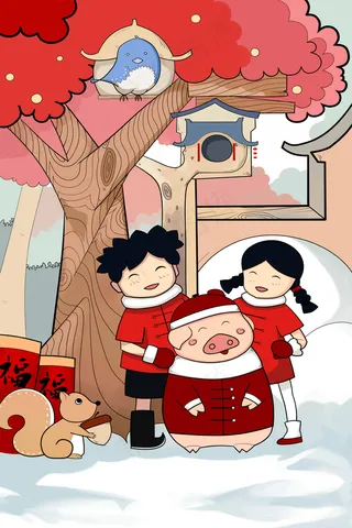 2019年春节卡通男孩卡通女孩女孩卡通猪猪