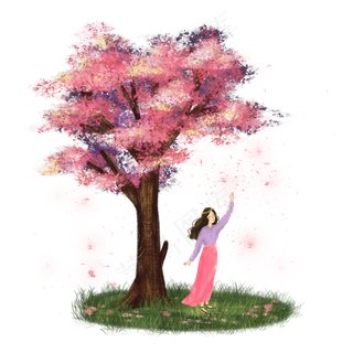 小清新森系唯美樱花树下的少女,免抠元素