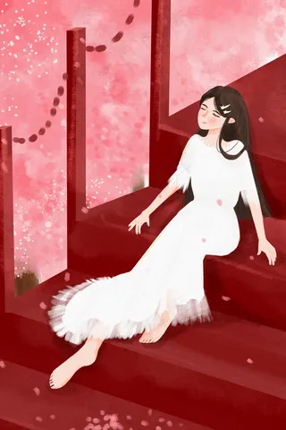 坐在樱花树下的白衣花季少女