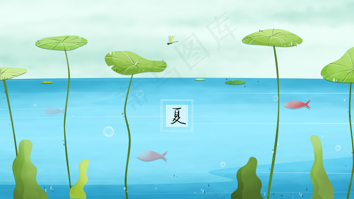 夏季有荷叶的池塘里鱼在游泳蜻蜓在飞
