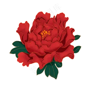 中秋节复古红色金边牡丹花,免抠元素