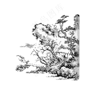 水墨山水国画线条东方黑白简约意,免抠元素