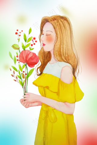 七夕情人节梦幻女孩手绘水彩