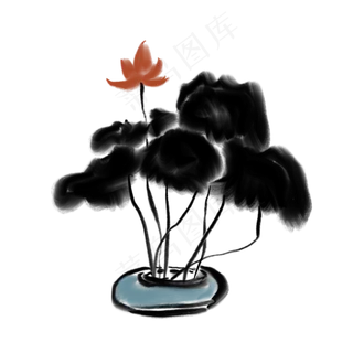水墨荷花盆景免抠创意插图