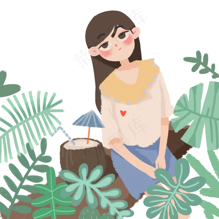夏季坐着喝椰子汁的女孩(2000X2000(DPI:300))psd模版下载