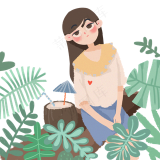 夏季坐着喝椰子汁的女孩