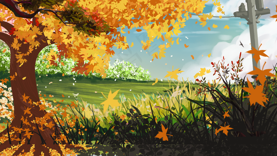 节气秋分秋天立秋天空大树植物云朵手绘场景