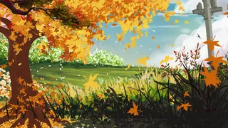 节气秋分秋天立秋天空大树植物云朵手绘场景