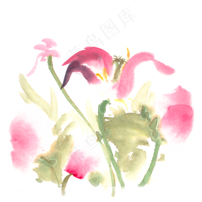 娇艳的花卉水墨画PNG免抠素材