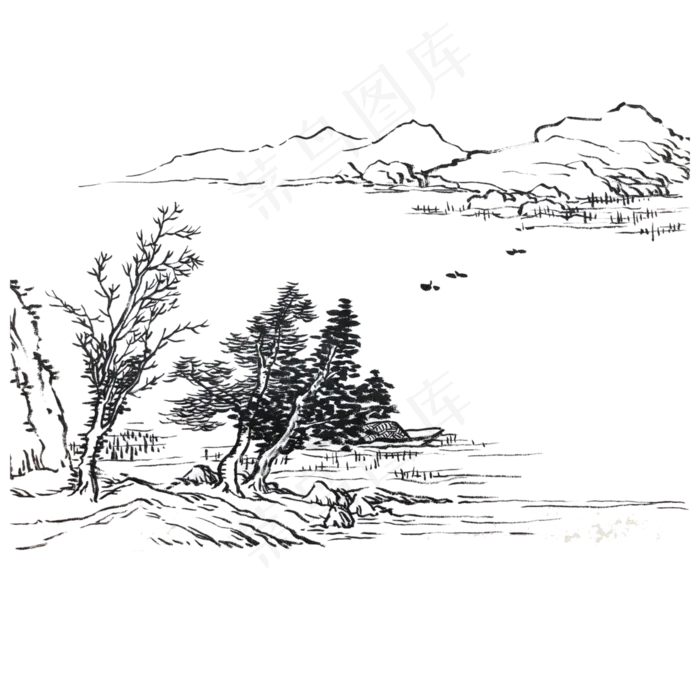 国画水墨山水白描PNG