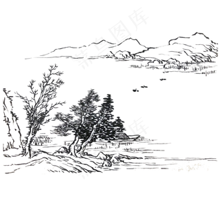 国画水墨山水白描PNG