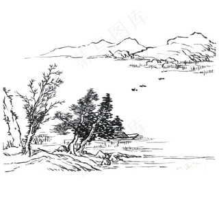 国画水墨山水白描PNG