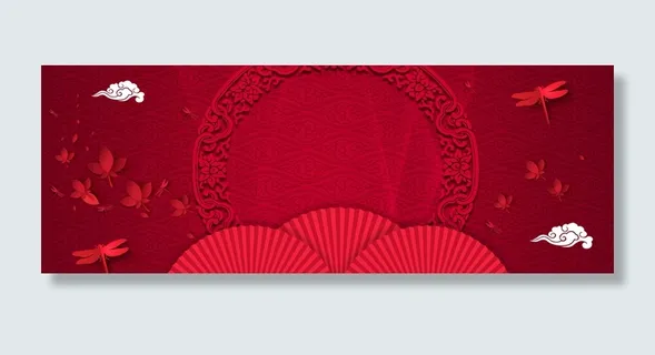 中国风红色祥云边框花朵纹理banner