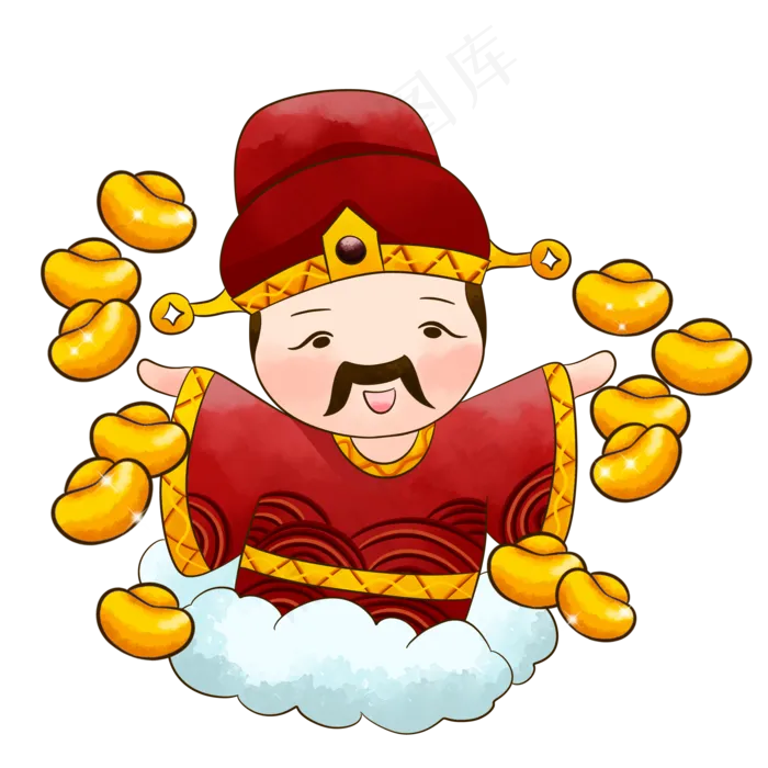 手绘卡通中国风财神爷元宝过新年,免抠元素(2000*2000px 300 dpi )psd模版下载