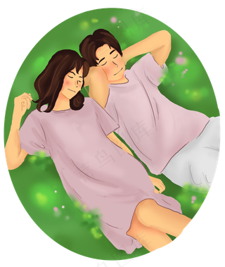 手绘草地上的情侣