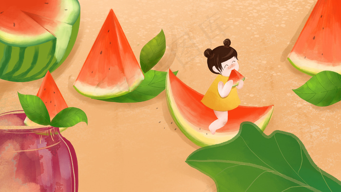 夏天可爱女孩吃西瓜(2880*1620px 300 dpi )psd模版下载