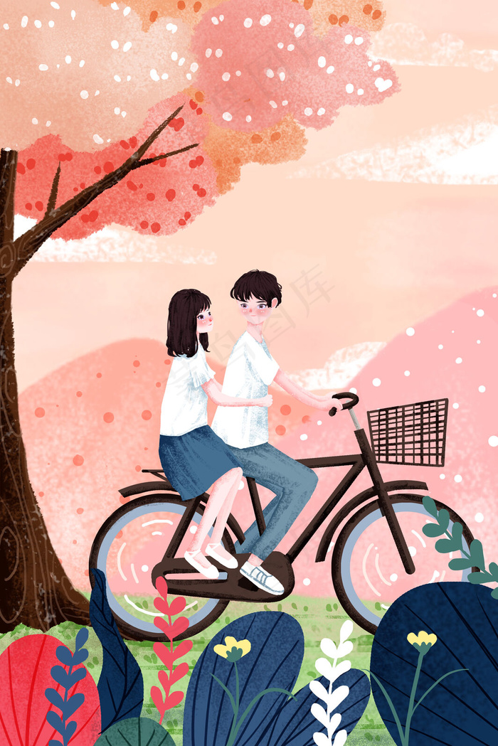 520情人节情侣浪漫约会卡通风景插画