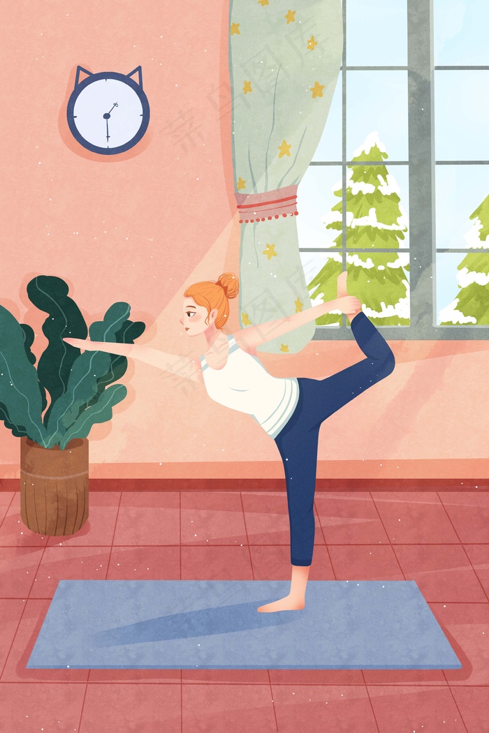 养生室内练习瑜伽插画
