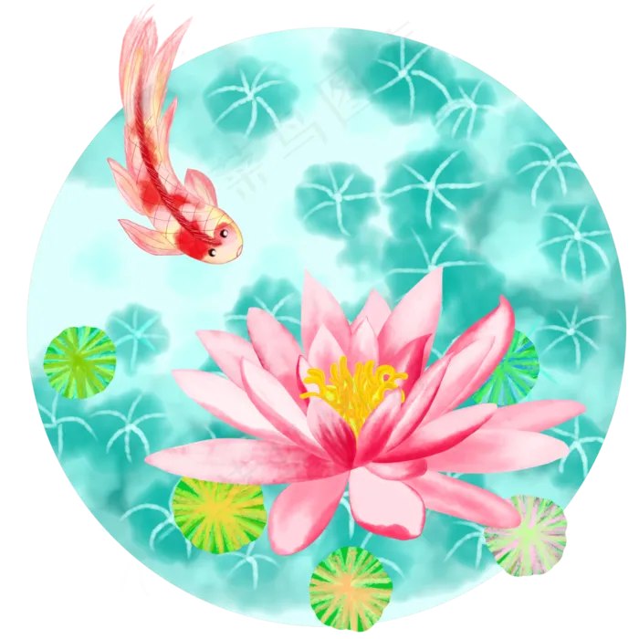 夏日荷花锦鲤清新色系手绘免抠高(4000X4000(DPI:300))psd模版下载