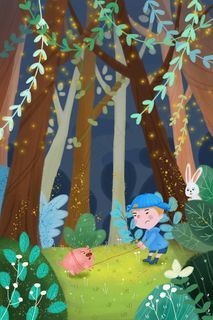 治愈系夏季森林夜晚男孩与猪小清新可爱厚涂