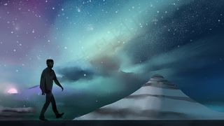 星空下的人独自在野外行走