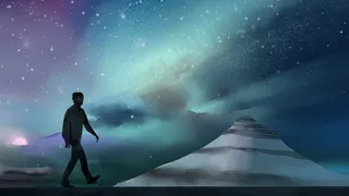 星空下的人独自在野外行走