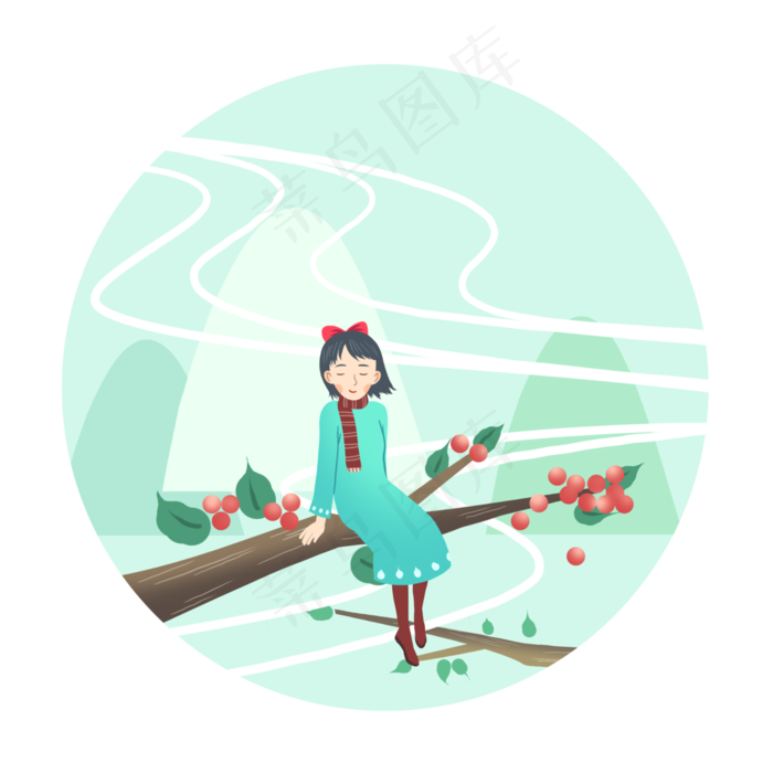 谷雨坐在树枝上的女孩插画