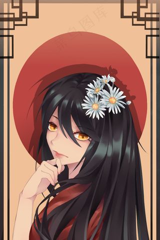 头戴花瓣的黑发少女