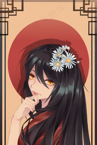 头戴花瓣的黑发少女