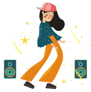 手绘跳街舞的少女免抠图