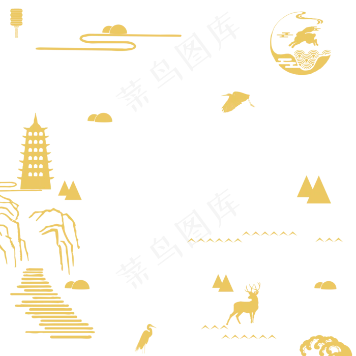 中秋金色古风山水云鸟云意境漂浮(2000X2000(DPI:300))psd模版下载