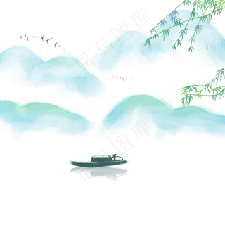 中国风水彩山水划船的人