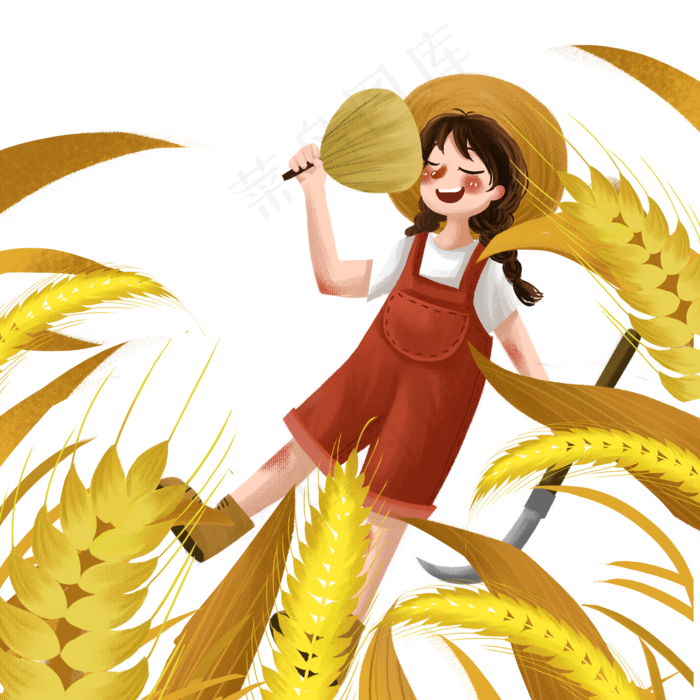 卡通小女孩在割麦子