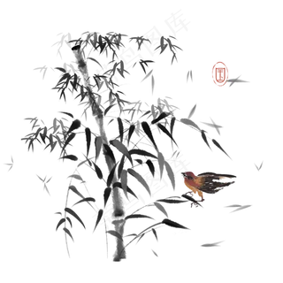 水墨花鸟竹叶素材,免抠元素