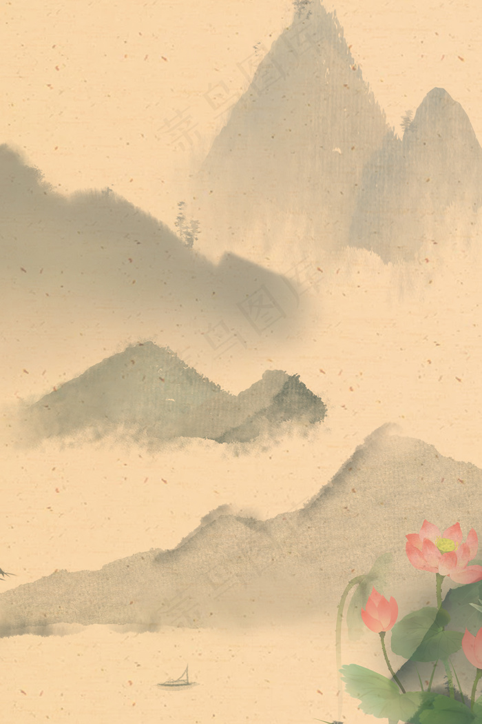 清明节彩色水墨荷花广告背景