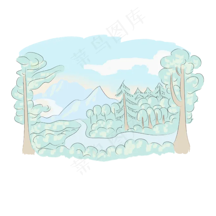 清新手绘春天风景画卡通