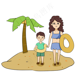 夏天暖色系妈妈带着儿子沙滩玩耍