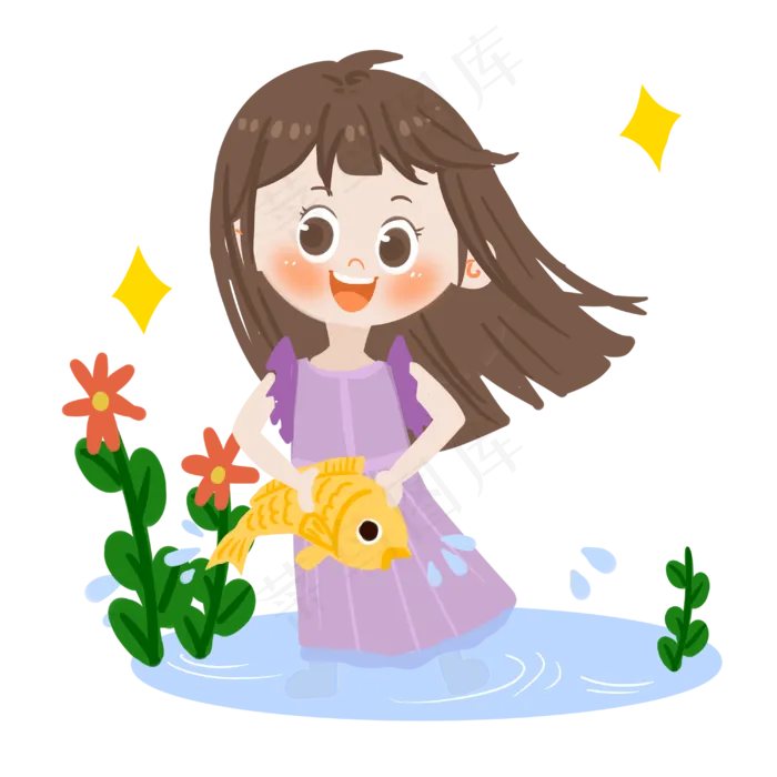 夏日卡通女孩抓鱼PNG素材(3000X3000(DPI:300))psd模版下载