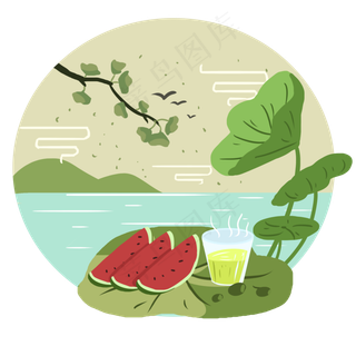 大暑绿色扁平风元素西瓜